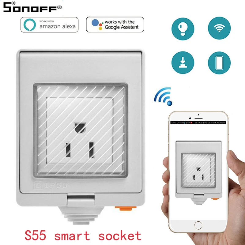 Умная розетка SONOFF S55 Wi Fi работает с Amazon Alexa Google Assistant IFTTT водонепроницаемый