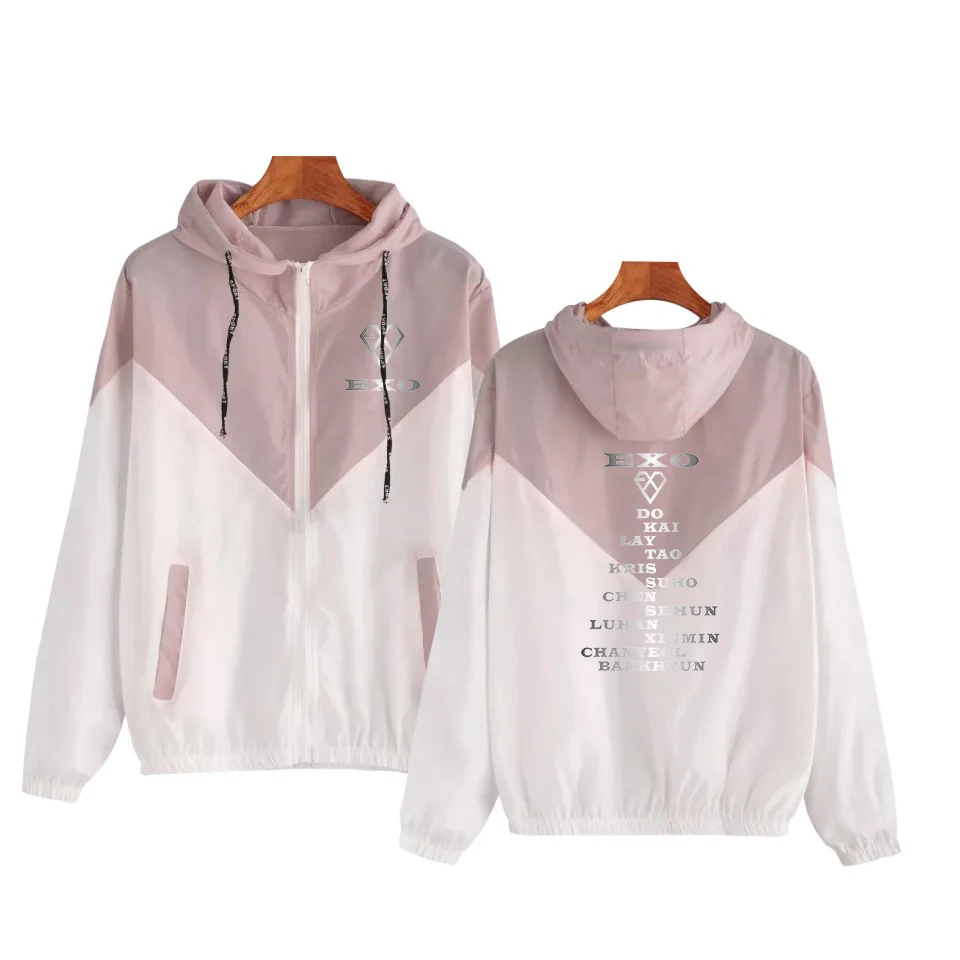 EXO print Women Basic Jackets Female Zipper Pockets Casual Long Sleeves Coats Autumn Hooded Jacket Two Tone Windbreaker Jacket