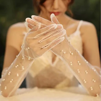 

Bride Gloves Long Gauze Artificial Pearl White Gloves Accessories 2020 New Transparent Women Gloves 2018 UV-Proof Summer Women