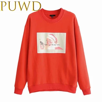 

PUWD 2019 New women's autumn and winter Santa's printed loose sweater casual round neck red Hoodies