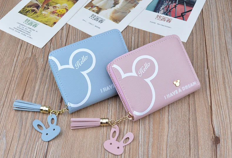 Disney Mickey mouse Small wallet lady short zipper tassel key coin purse student small mini wallet Minnie card holder Clutch