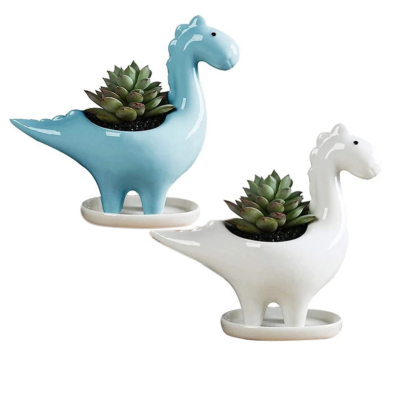 Succulent Ceramic Dinosaur Flower Pot, Animal Flower Pot with Drain Pan