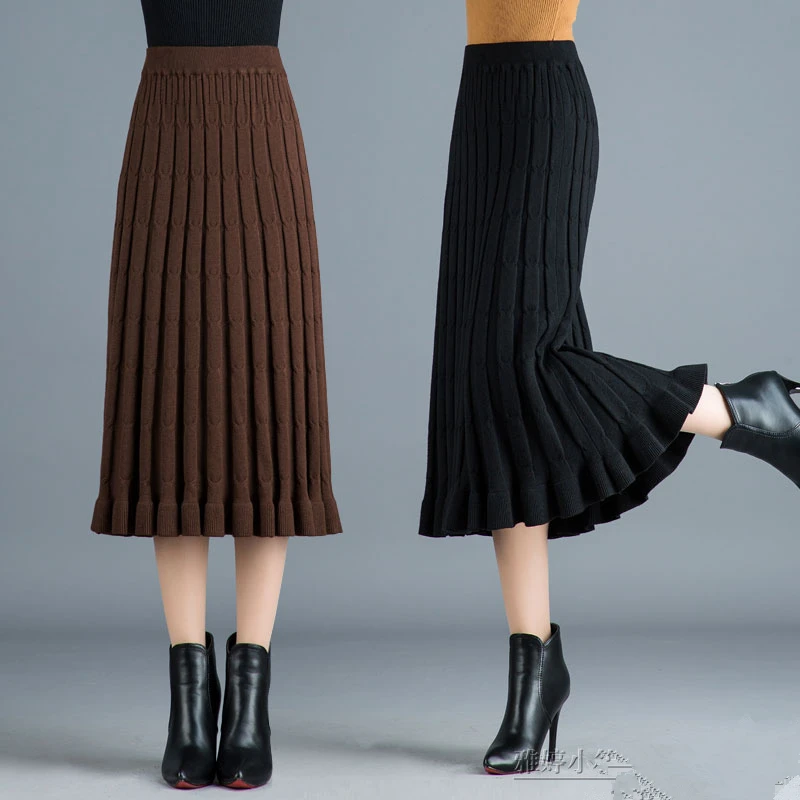 

2019 New Fashion Knit Cotton Women's Long Pleated Skirts Maxi Thickened Ladies Autumn Winter Skirt Midi High Waist A Line Skirt