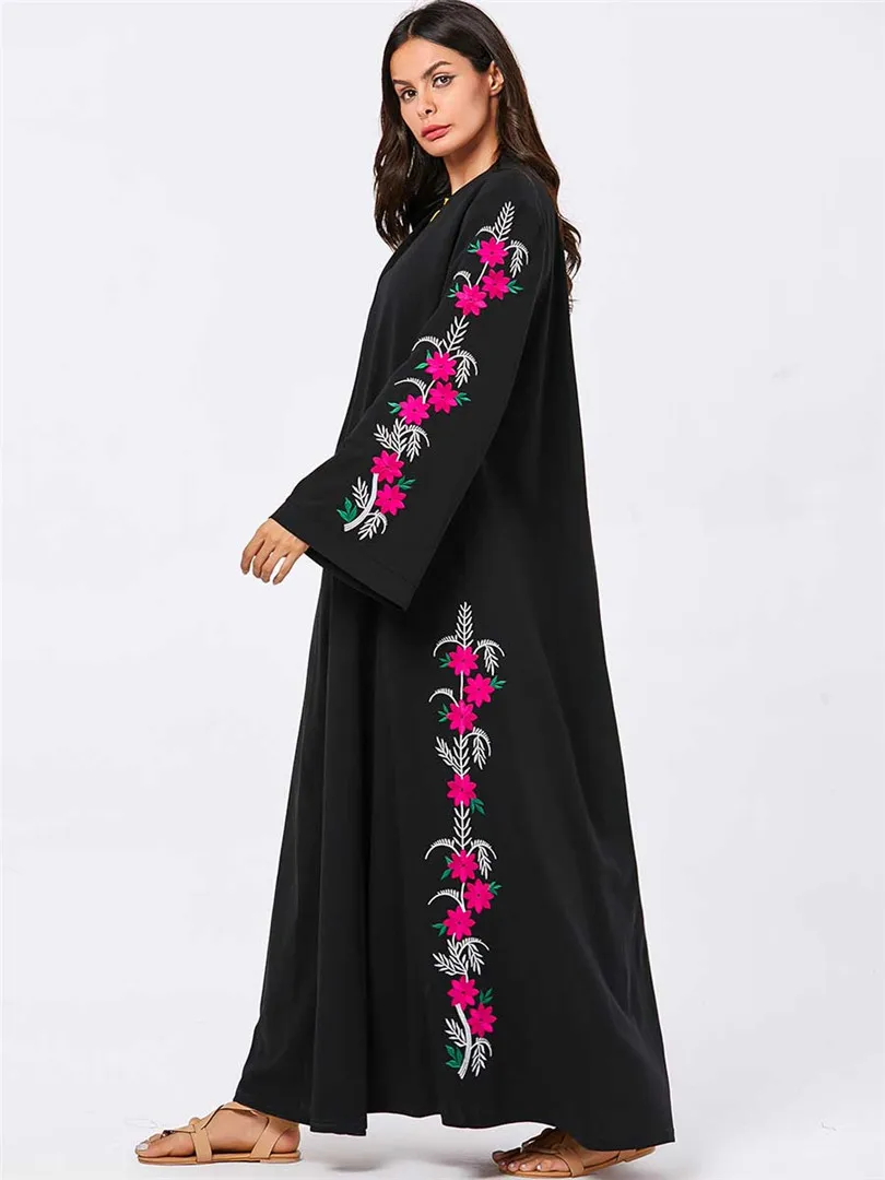 Элегантное макси платье с цветочной мусульманской вышивкой абайя Этническая хиджаб кардиган кимоно длинный халат платья Ближний Восток ИД Рамадан исламский