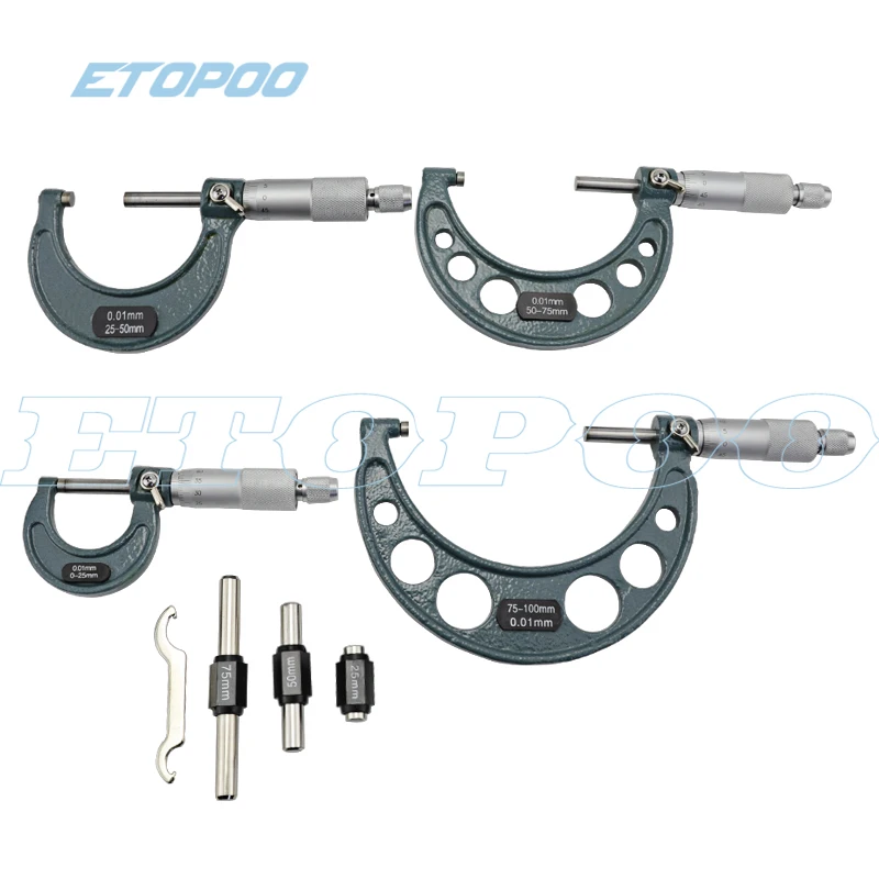 Micrometer Tool 0.01mm 0-25mm/25-50mm/50-75mm/75-100mm/100-125mm/125-150mm Outside Micrometer Ratchet Stop Metal Gauge Standards Caliper Tools