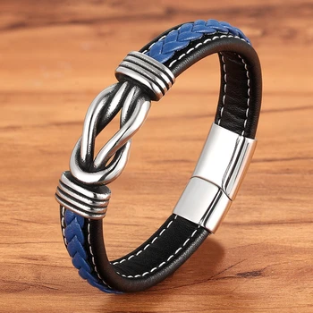 Geometric Stainless Steel Men’s Leather Bracelet Hand-woven Magnetic Clasp Black Blue Leather Bangle Christmas Jewelry Gift