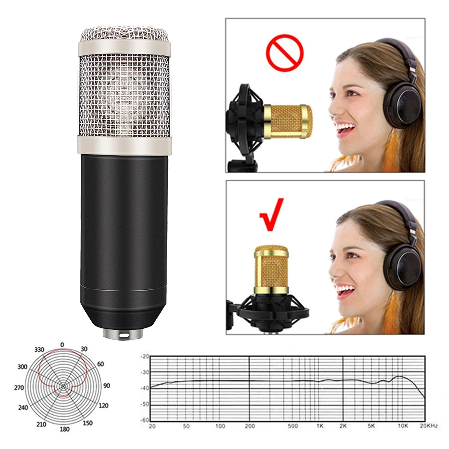 Bm800 Studio Microphone Condenser Microphone with Pop Filter&Phantom Power Vocal Record KTV Karaoke BM 800 Microfono Youtuber