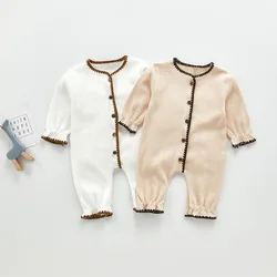 Barboteuse à col rond et manches longues pour bébés filles et garçons, tricot gaufré, combinaison épaisse, nouvelle collection automne 2021 
