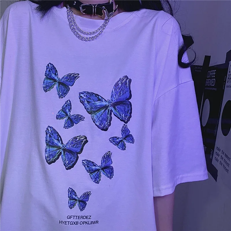 Harajuku Butterfly Cartoon Print T Shirt Women Punk Loose Top Vintage Short Sleeve Plus Size Shirts Dropshipping Female T-Shirts