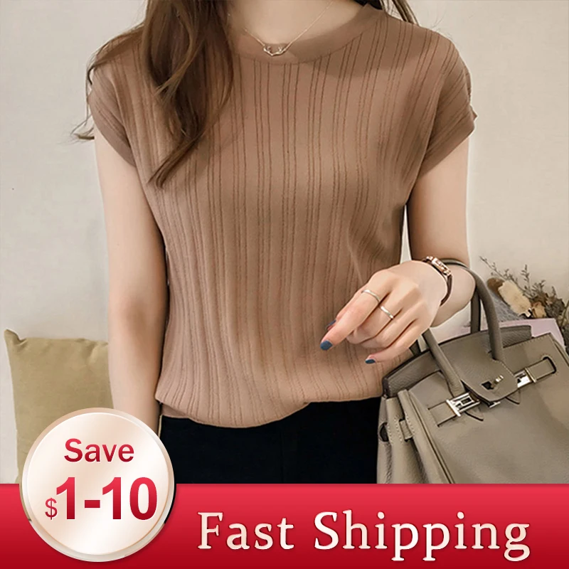 

2020 Summer Ice Silk Knitted Tops Short Sleeve Solid Slim Bright Office Lady Work Causal Silk Shirts Korean Slim Knitwear