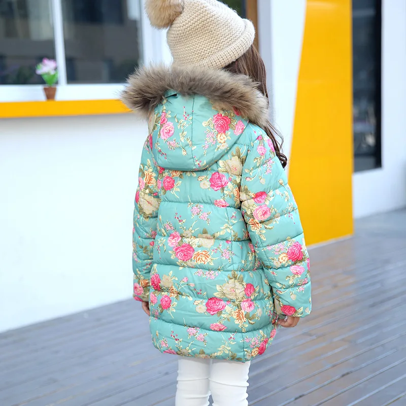 Childrenswear Winter Style Korean-style Girls' Fur Collar Cotton-padded Clothes Thick Coat Mid-length Floral-Print Cotton-p
