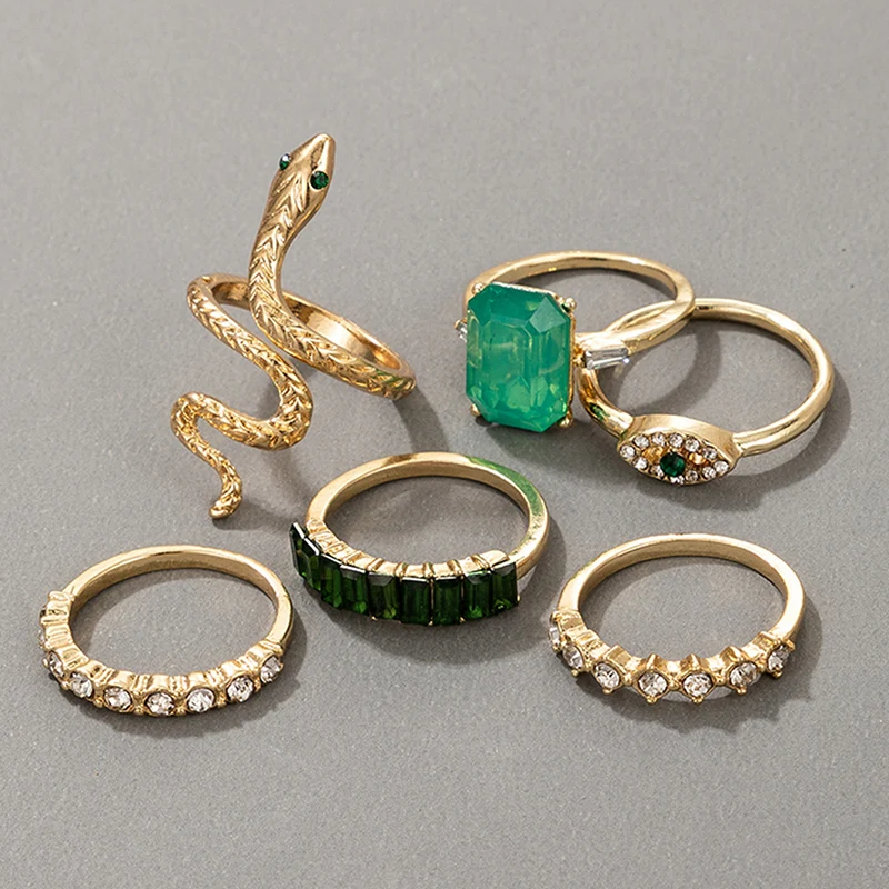 Ring Set Finger Ring Adjustable Rings Zircon Crystal Ring Animal Ring docona 6pcs/set Luxury Green Rhinestone Rings for Women Vintage Crystal Snake Adjustable Metal Ring Set Jewelry