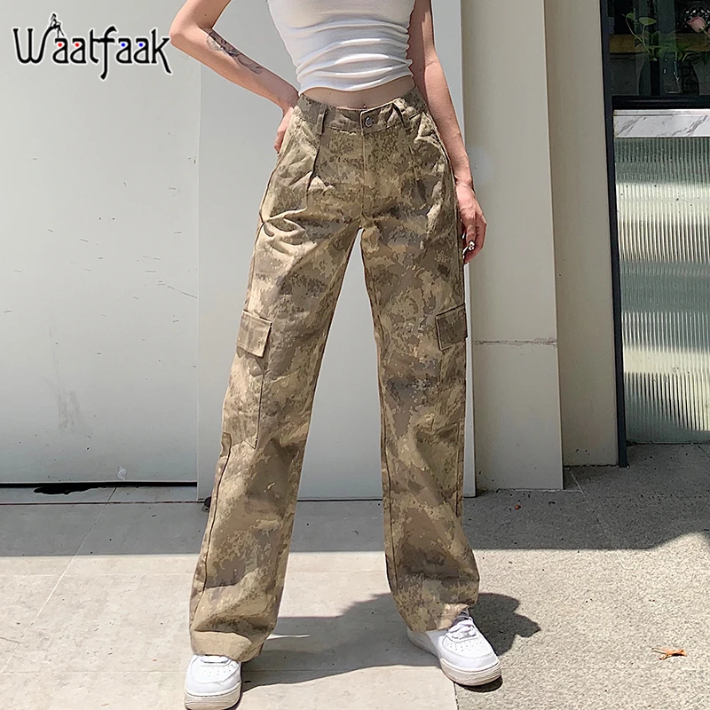 Waatfaak Pockets Hip Hop Cargo Pants Women Harajuku Baggy Straight Camo Pants Capris High Waist Trousers Summer Streetwear 2020 Waatfaak Pockets Hip Hop Cargo Pants Women Harajuku Baggy Straight Camo Pants Capris High Waist Trousers Summer Streetwear 2020