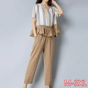 

2020 summer new fashion casual blouses cotton and linen striped stitching loose top with 9 points pants suit
