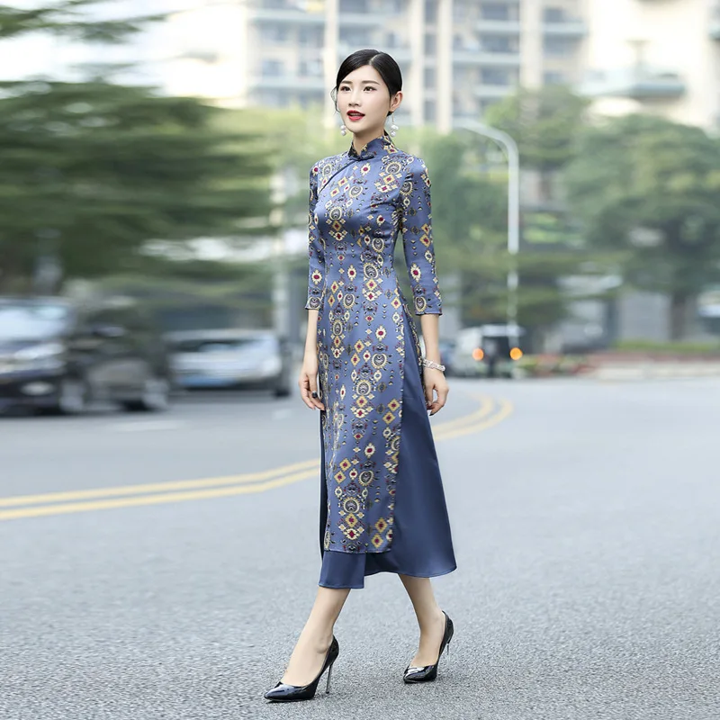 Весенние и осенние модели ретро тонкий длинный аозай cheongsam платье