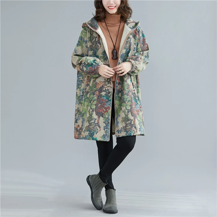 Женские куртки с капюшоном, пальто размера плюс 4XL 5XL 6XL, винтажное пальто на молнии из хлопка и льна с художественным принтом, зимнее пальто большого размера, свободное бархатное пальто