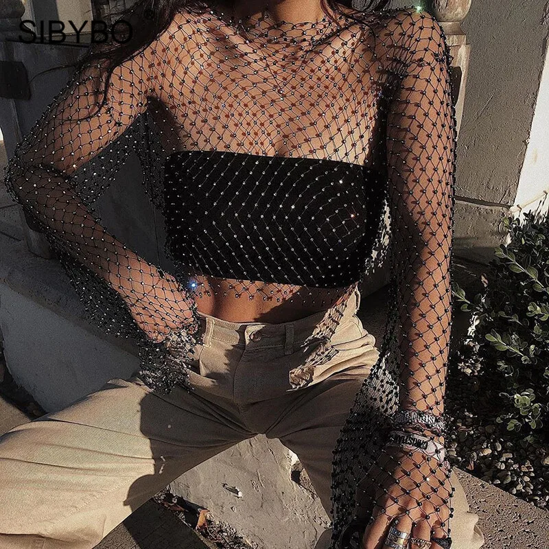 SIBYBO, женские сексуальные топы с рыбьей сеткой и бриллиантами, летний укороченный Топ с длинным рукавом, женская черная пляжная одежда, повседневная женская футболка