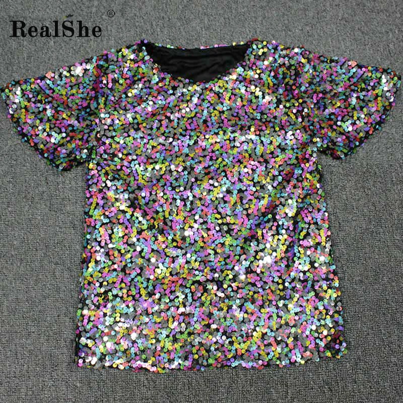 RealShe женская футболка,, круглый вырез, короткий рукав, с блестками, женские футболки, для женщин, весна-осень, повседневные, вечерние, женская футболка
