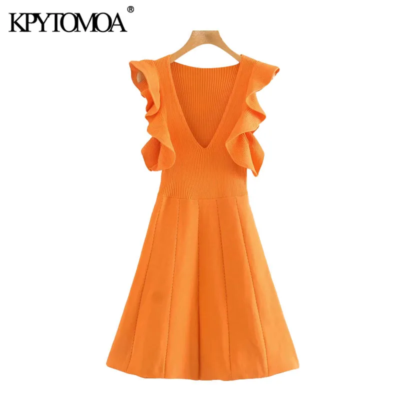 KPYTOMOA Women 2020 Chic Fashion Ruffled Trims Knitted Mini Dress Vintage V Neck Sleeveless Female Dresses Vestidos Mujer KPYTOMOA Women 2020 Chic Fashion Ruffled Trims Knitted Mini Dress Vintage V Neck Sleeveless Female Dresses Vestidos Mujer