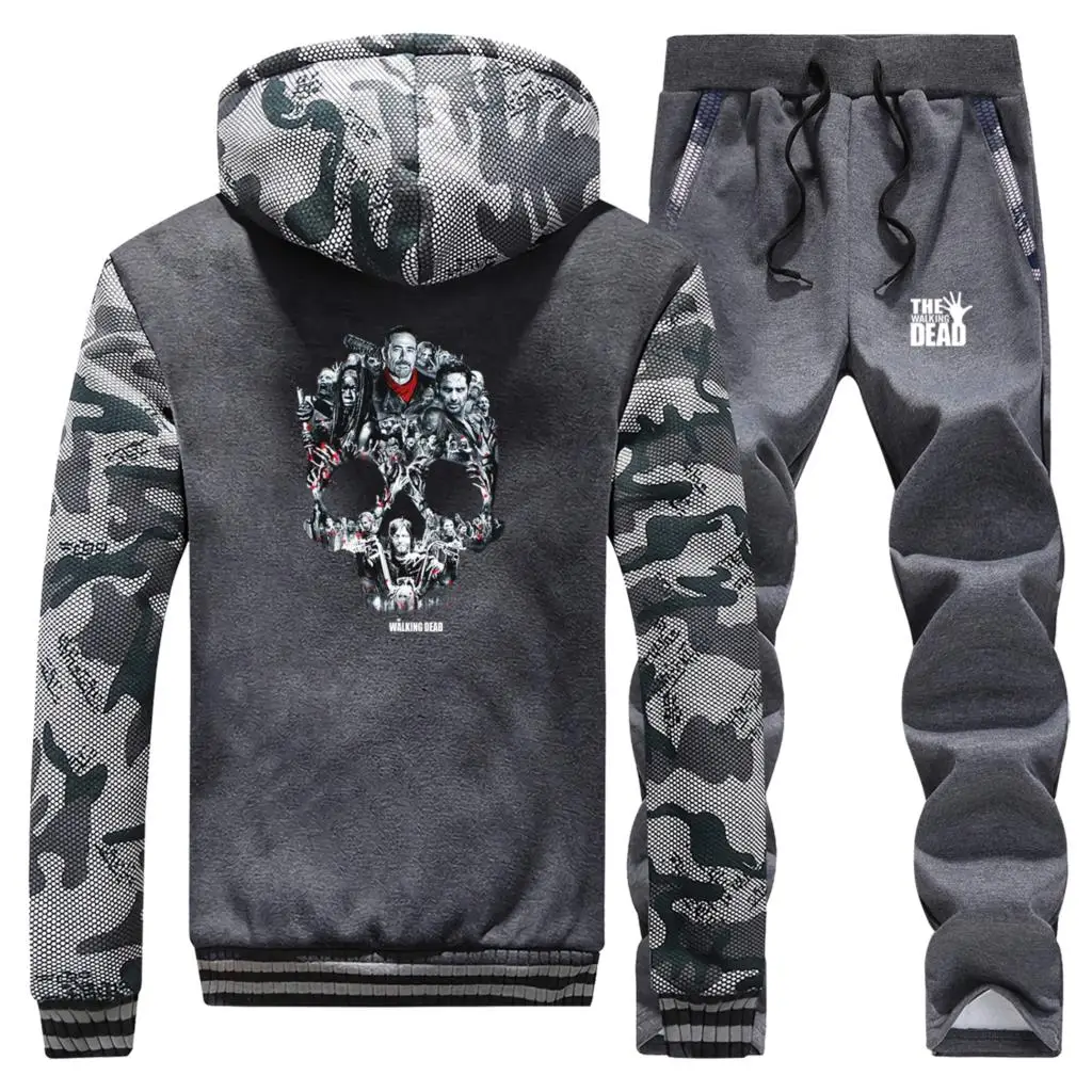 The walking dead Skull Funny Print Men Warm Streetwear Thick Suit Hoodies Sweatshirt Jacket+Pants Mens 2 Pieces Sets Tracksuit