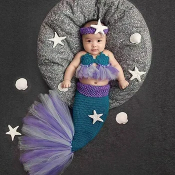 

Newborn Baby Infant Wool Knitted Mermaid Costume Hat Bra Tail Photo Props