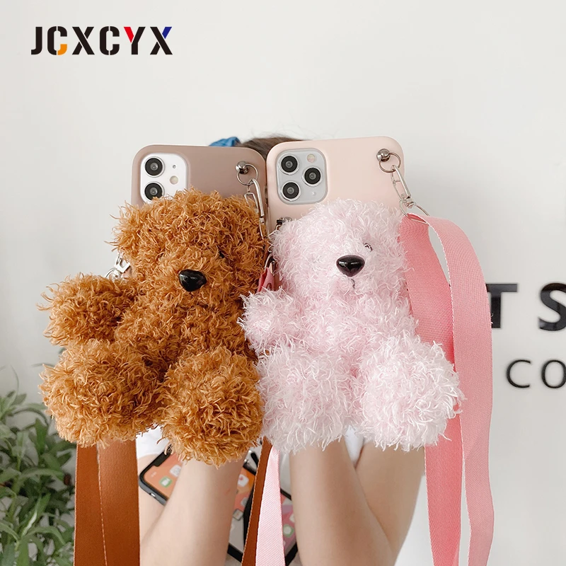 3D Cartoon plush teddy bear doll lanyard Soft phone case for iphone 11 Pro  Max X XR XS 7 8 plus cover for samsung S8 S9 A51 A50