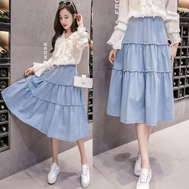 

2020 Spring And Autumn New Style Joint Elastic Waist Mid-length Thin Denim Skirt Skirt Big Hemline Skirt Fashion