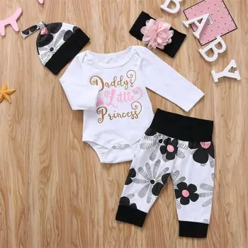 

4PCS Newborn Infant Baby Girls Clothes Letter Print Long SleevePlaysuit Romper+Pants+Hat+Headband Outfit Set
