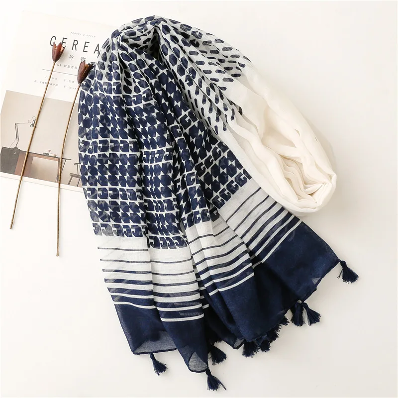 2026 frühling Herbst Mode Luxus Marke Navy Blue Dot Viskose Schal Schal Frauen Hohe Qualität Drucken Hijabs und Wraps Muslimischen Schal – Detail 22