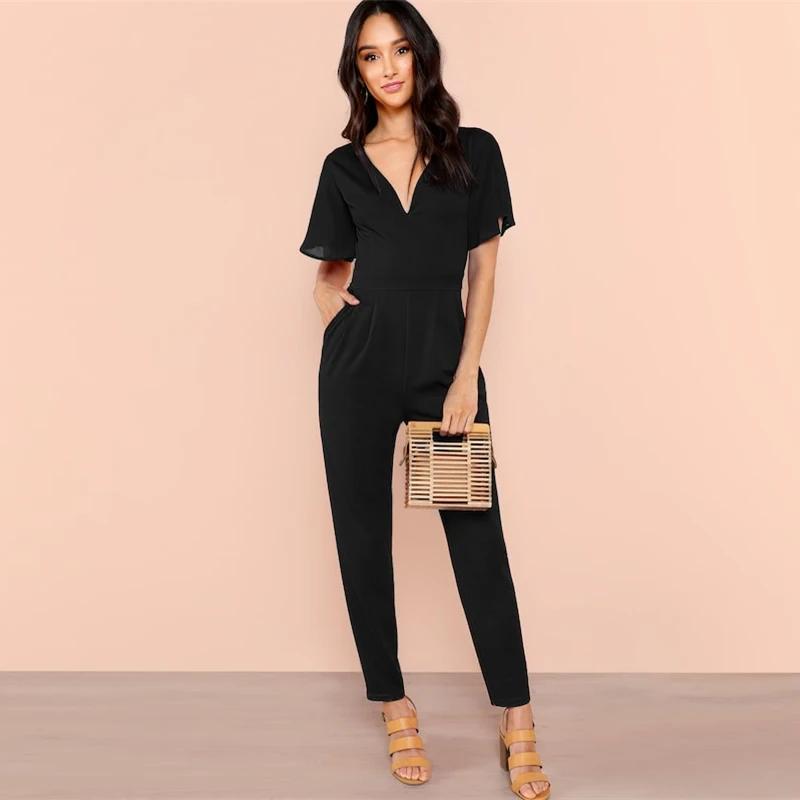 

Fashion Black Flutter Sleeve High Waist Jumpsuits Women Summer V Neck Tapered Jumpsuit OL Elegant Workwear Solid Jumpsuits 2020