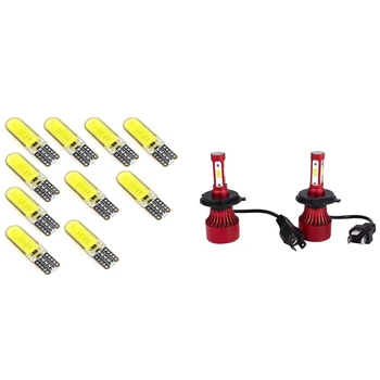 

10Pcs T10 W5W COB LED Car Auto Interior Wedge Side Parking Bulb & 1set H4 Hb2 9003 2200W 330000Lm 4-Side Led Headlight