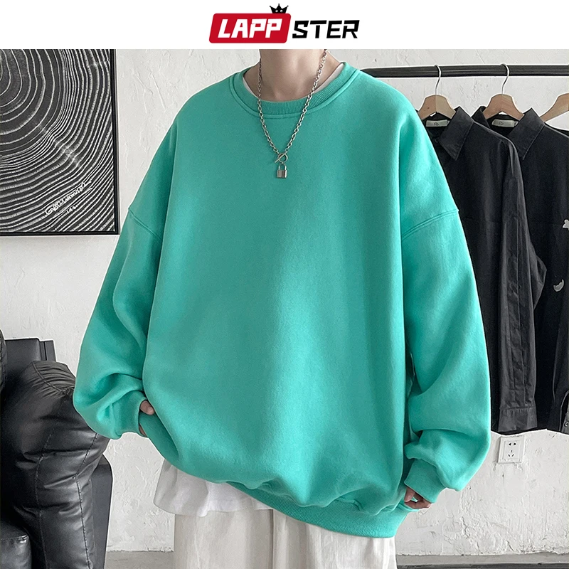 LAPPSTER 남성용 컬러풀 블랙 솔리드 후드, 오버사이즈 일본 스트리트웨어 스웻셔츠, 하라주쿠 크루넥 후디, 5XL, 2023