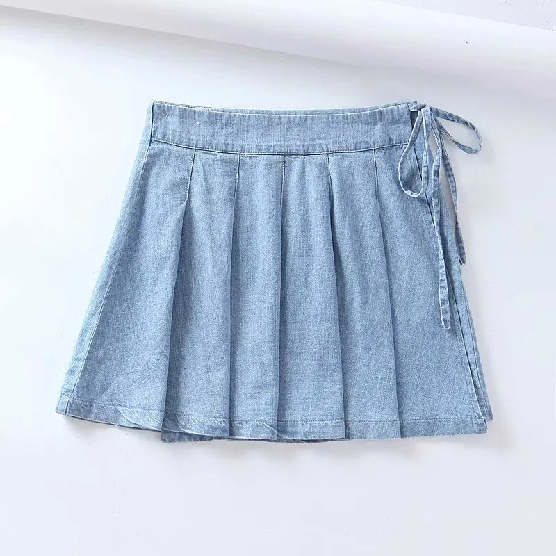 

Europe And America Type Skirt Short 2019 Summer New Style Lace-up High-waisted A- line Short Skirt Cowboy Pleated Skirt