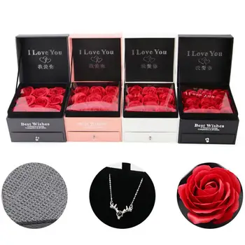 

Ring Necklace Jewelry Holder Paper Box + 9Pcs Faux Rose Flower Present Gift Case