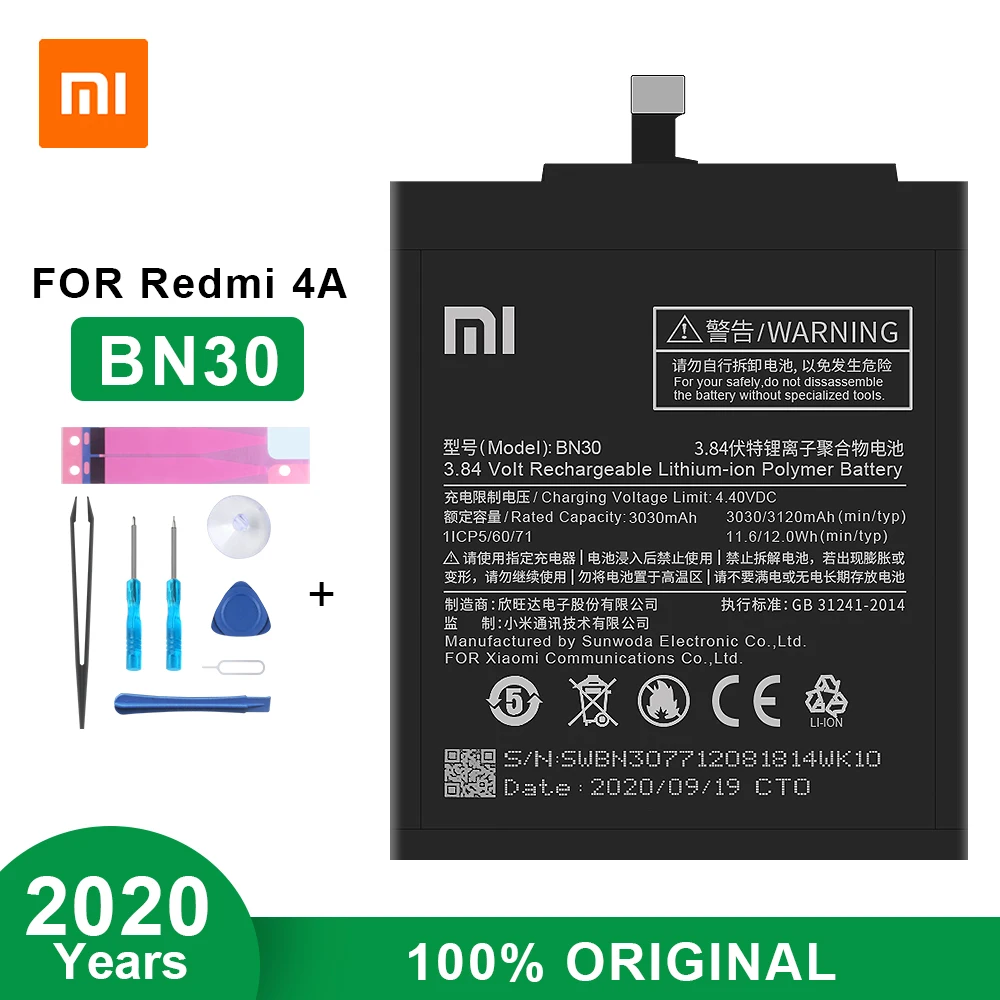 100% Оригинальный аккумулятор для телефона Xiaomi Redmi 4A Hongmi BN30 3120 мАч высокое качество