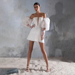 UETEEY A-Line Short Wedding Dress Sequined Long Puff Sleeve Plus Size Lace Up Back Wedding Gowns 2022