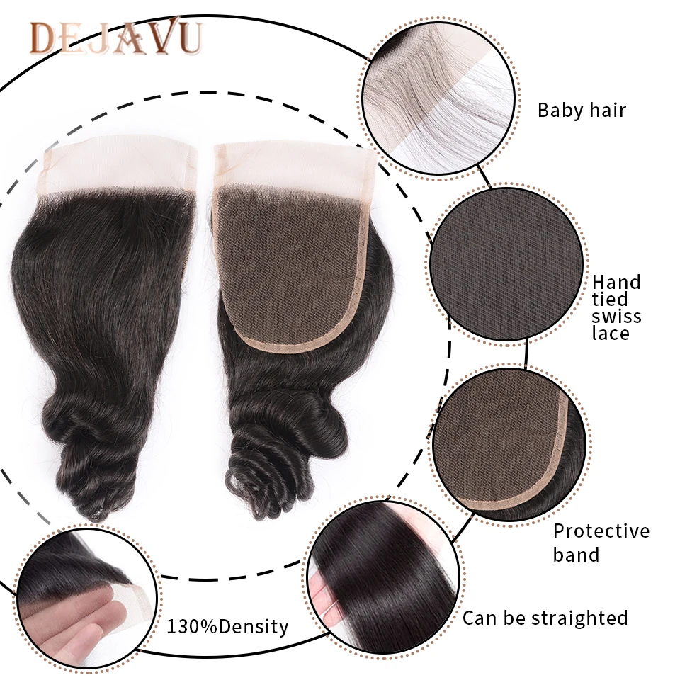 Dejavu Hair Brazilian Loose Wave 3 Bundles With Closure Middle Part Non-Remy Hair Bundles with Closure Natural Color No Tnagle