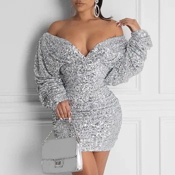 

2019 New Ladies Dress Fashion Party Evening Pencil Slim off Neck Long Sleeve Sequins Women Dresses