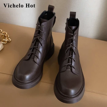 

Vichelo Hot 2020 winter new boots genuine leather cross-tied round toe thick med heel zipper keep warm handsome ankle boots L93