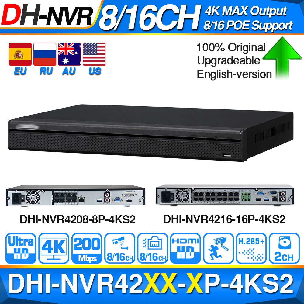Dahua 4K NVR NVR4208 8P 4KS2 NVR4216 16P с поддержкой PoE порта POE H.265 2 SATA для профессиональной ip