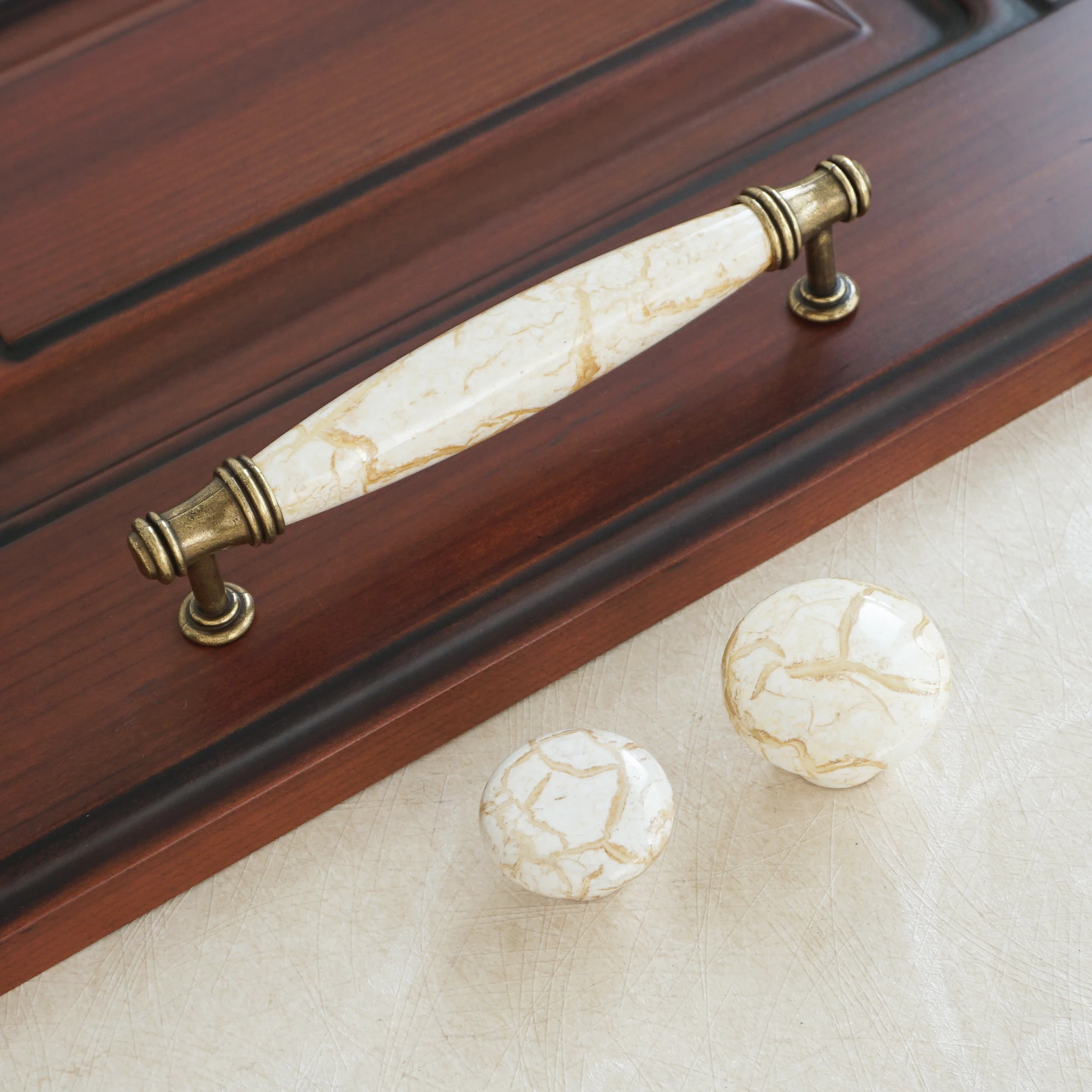 

5" Bronze Cabinet Handles Round Diameter 38 31 mm Yellowish Ceramic Door Knobs Retro Zinc Alloy Furniture Cabinet Pulls 128mm