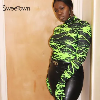 

Sexy New Neon Color Lightning Print Woman Bodysuit With Gloves Autumn Winter 2020 Fashion Slim Turtleneck Long Sleeve Body Suits