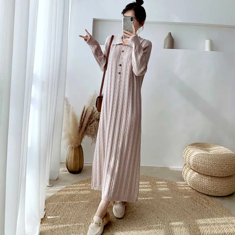 One-Piece 2020 Sweater Knitted Dress Women Long Sleeve Autumn Winter Loose Lapel Single Breasted Dress Korean Lady Sweater Dress
