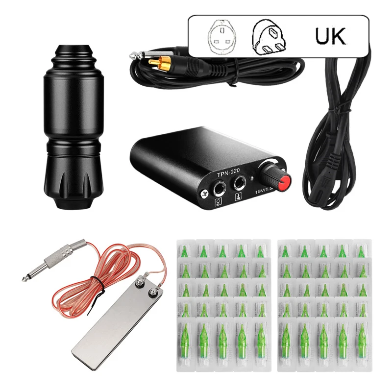 UK Plug Горячий полный комплект татуировок машина комплект с насадка для татуировочной машины смешанные иглы татуировки питания покрытие рукоятки машинки для татуажа чернильные колпачки - Цвет: UK Plug