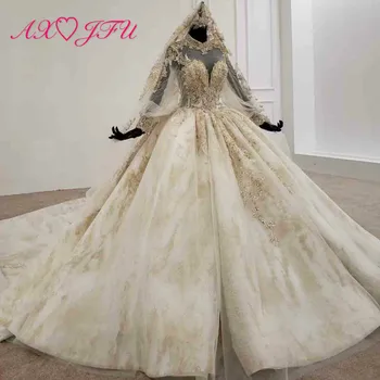

AXJFU Luxury princess golden lace vintage high neck beading crystal ruffles sparkly long sleeve wedding dress 100% real 1999