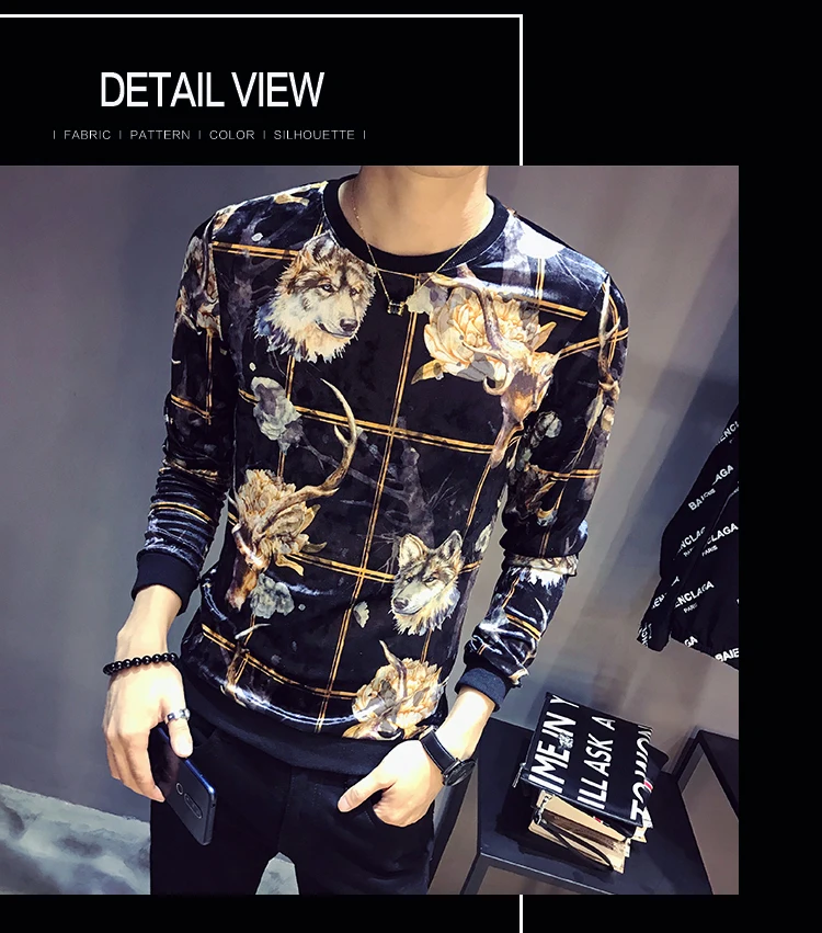 Дизайнерская футболка с принтом Homme Club Outfit, Мужская облегающая бархатная футболка с длинным рукавом и круглым вырезом, осень, роскошная мужская Велюровая футболка