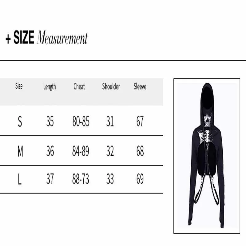 Готический панк Женская толстовка с принтом черепа Хэллоуин Толстовка на шнурке с капюшоном Топ уличная крутой сексуальный пупок Обрезанные черные толстовки