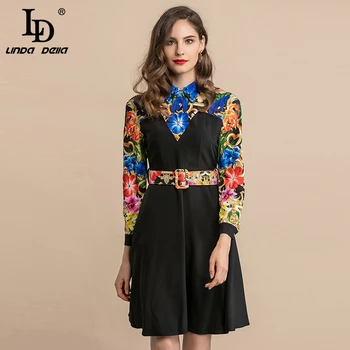 

LD LINDA DELLA Autumn Fashion Runway Vintage Dress Women's Long Sleeve Gorgeous Floral Print Belted Patchwork A Line Dress