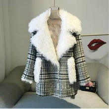 Woman Plaid Woolen Coat Fleece Warm Lamb Blazer Jacket
