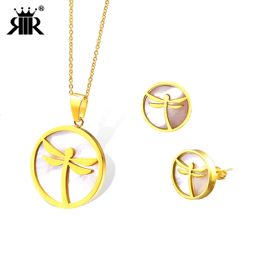 

New Style Europe And America Fashion Stainless Steel Circle Mother Pearl Shellfish Dragonfly Pendant Necklace Ear Stud Earrings